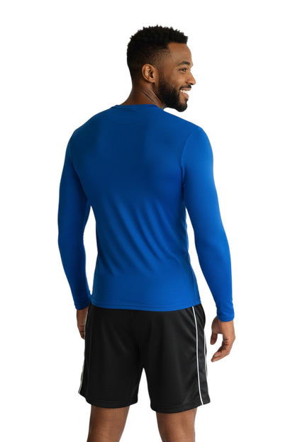 The Lifeguard Store RISE Solid Long Sleeve Crew Neck Rashguard in royal blue, made of poly-spandex blend with UPF50+ protection.