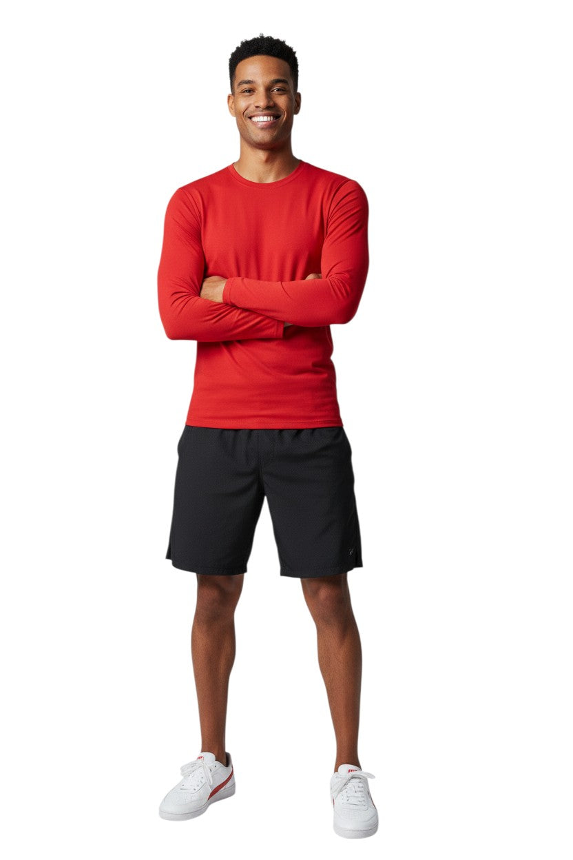 The Lifeguard Store RISE Solid Long Sleeve Crew Neck Rashguard in red, made of polyester and spandex with UPF50+ protection.