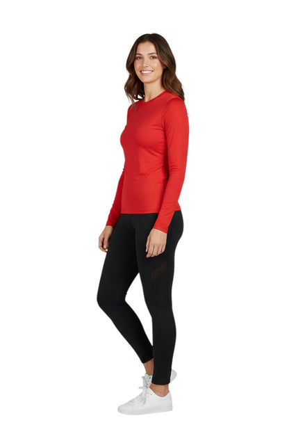 The Lifeguard Store RISE Solid Long Sleeve Crew Neck Rashguard in red, made of polyester and spandex with UPF50+ protection.