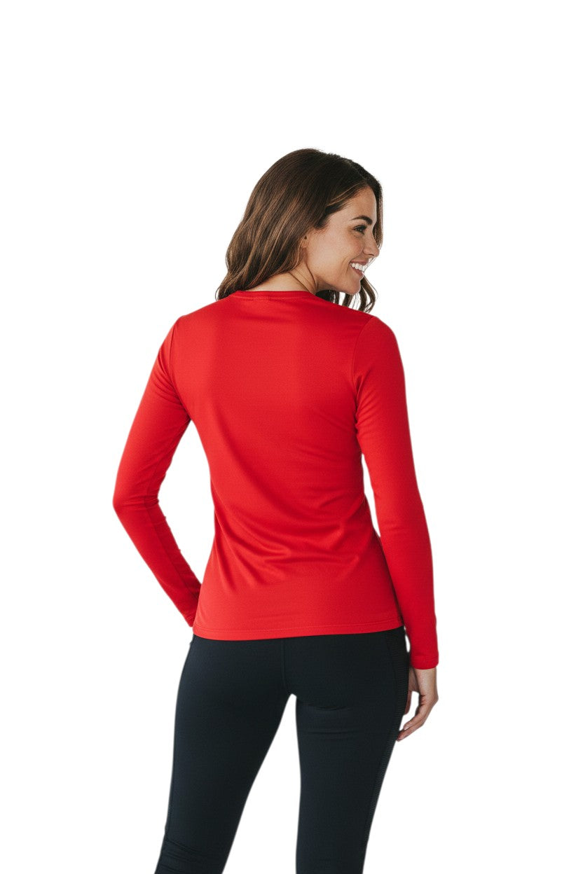 The Lifeguard Store RISE solid red long sleeve crew neck rashguard made of polyester and spandex with UPF50+ protection.