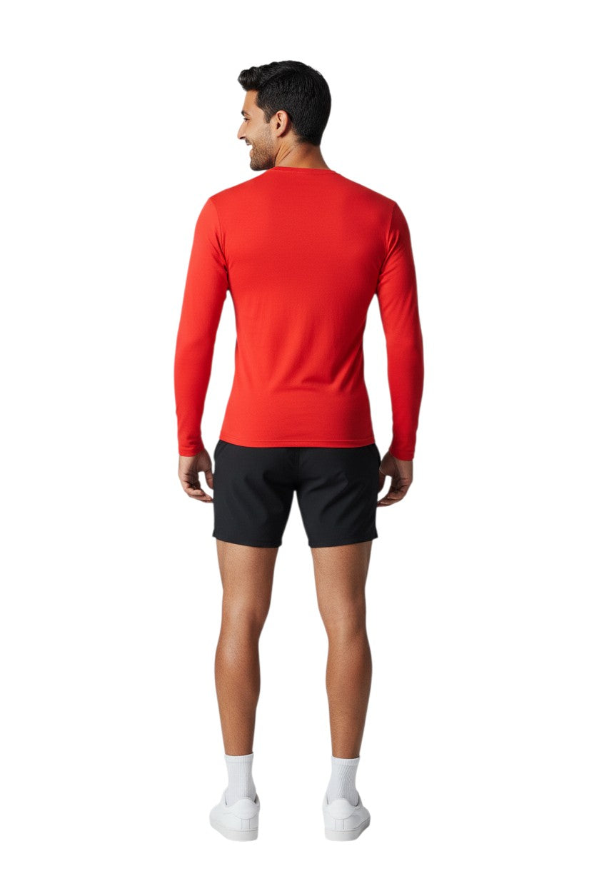 The Lifeguard Store RISE solid red long sleeve crew neck rashguard made of polyester and spandex with UPF50+ protection.