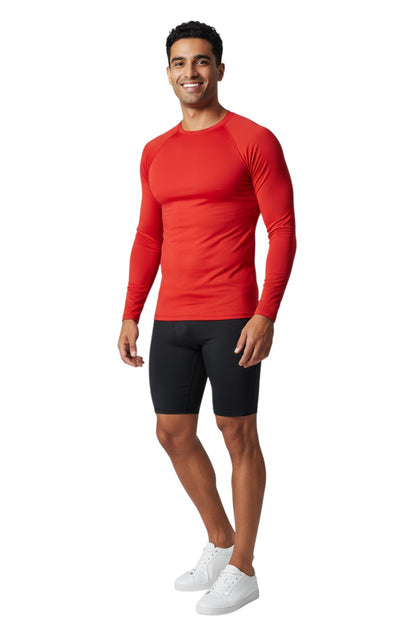 The Lifeguard Store RISE solid red long sleeve crew neck rashguard made of polyester and spandex with UPF50+ protection.