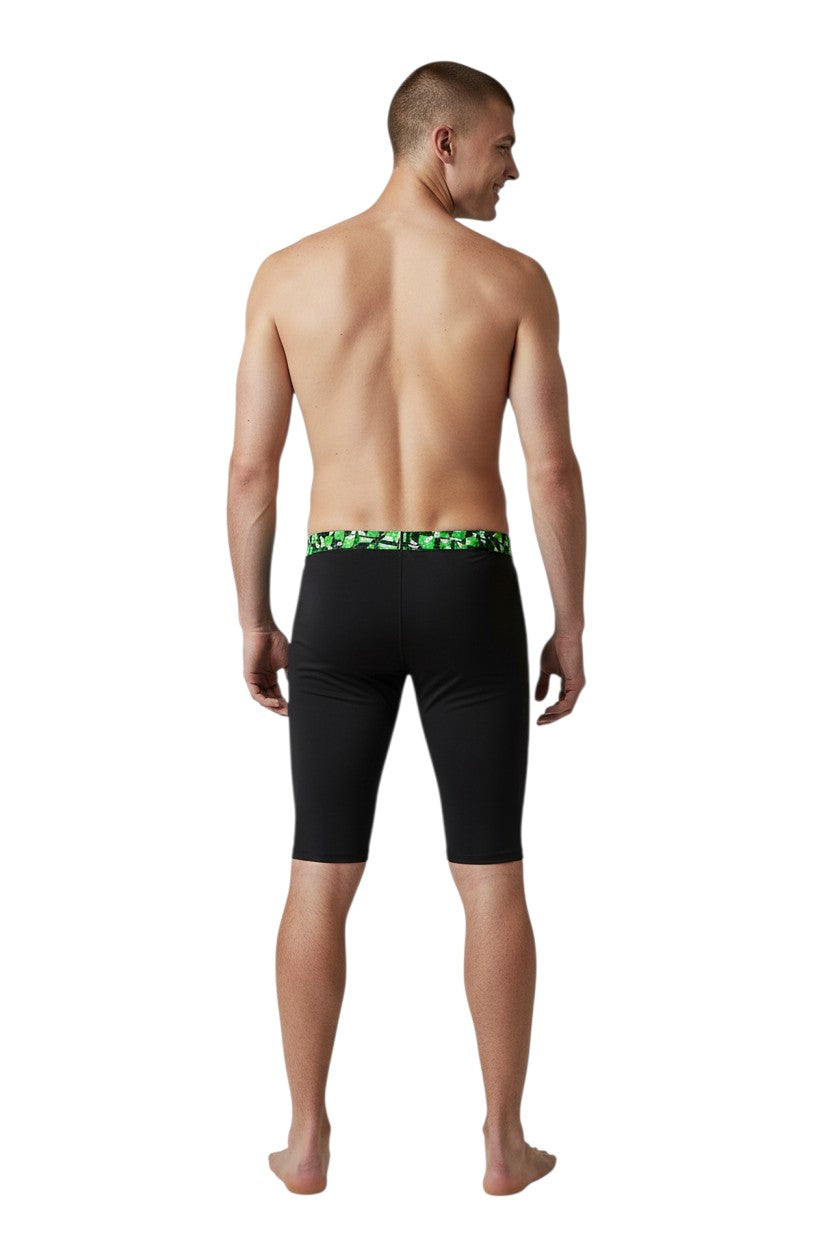 The Lifeguard Store RISE Sandies Blueprint Poly Jammer swimsuit in black with a green geometric waistband. Designed for competitive swimming.