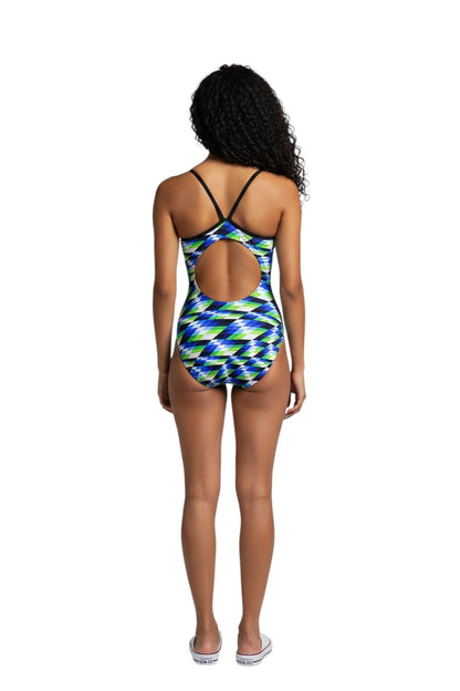 The Lifeguard Store RISE Sandies Female Swerve swimsuit with blue, green, and white geometric pattern. Features H-back.
