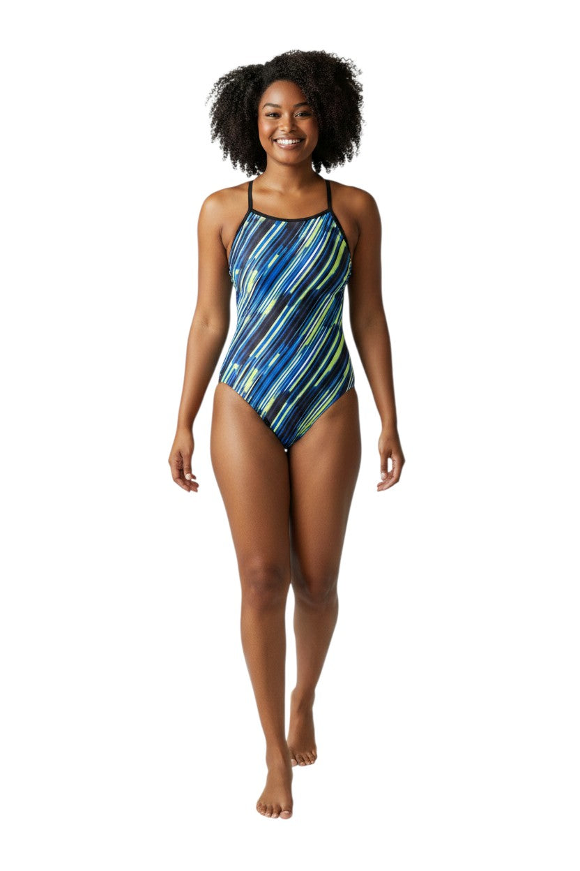 The Lifeguard Store RISE Sandies female swimsuit with blue, yellow, and black abstract stripe pattern. Polyester/Spandex blend.