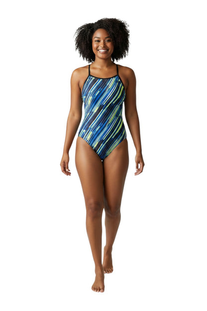 The Lifeguard Store RISE Sandies female swimsuit with blue, yellow, and black abstract stripe pattern. Polyester/Spandex blend.