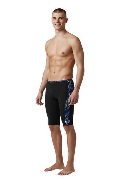 The Lifeguard Store RISE Sandies Helix Poly Jammer swimsuit in black with blue wave pattern side panels. Made of 91% Polyester/9% Spandex.