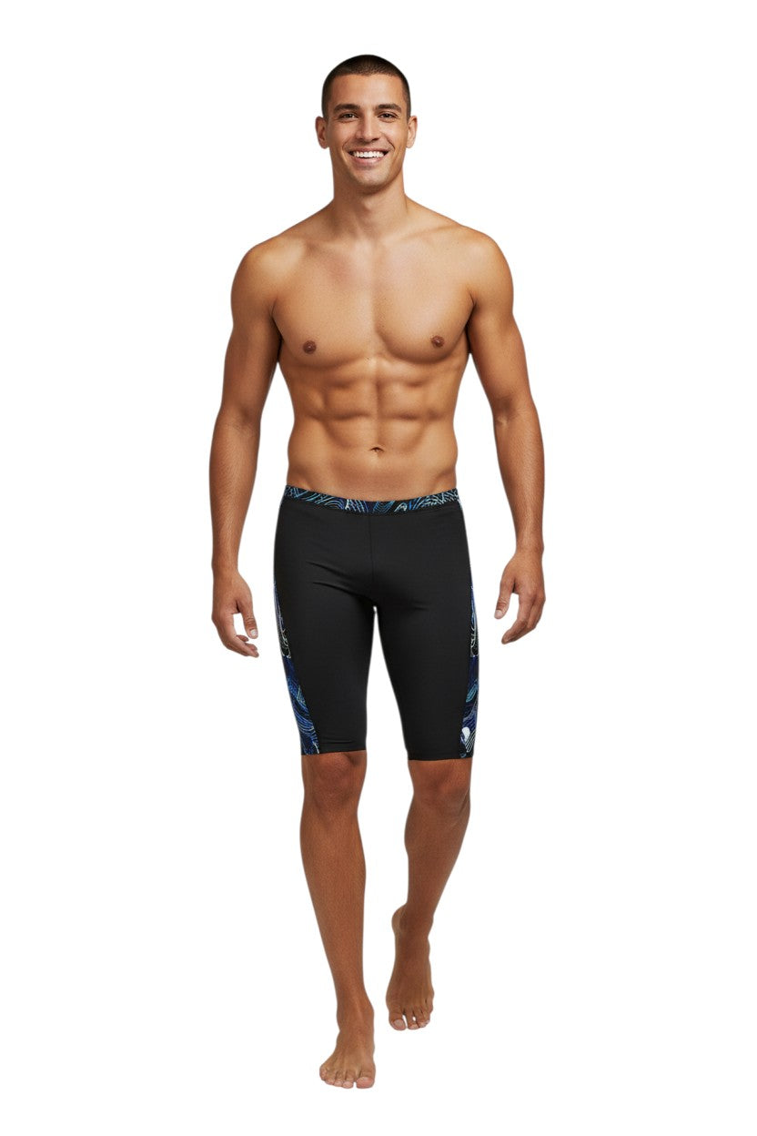 The Lifeguard Store RISE Sandies Helix Poly Jammer swimsuit in black with blue wave pattern on side. Polyester/Spandex blend.