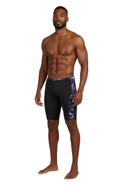The Lifeguard Store RISE Sandies Helix Poly Jammer swimsuit in black with purple helix pattern side panels. Made of 91% Polyester/9% Spandex.