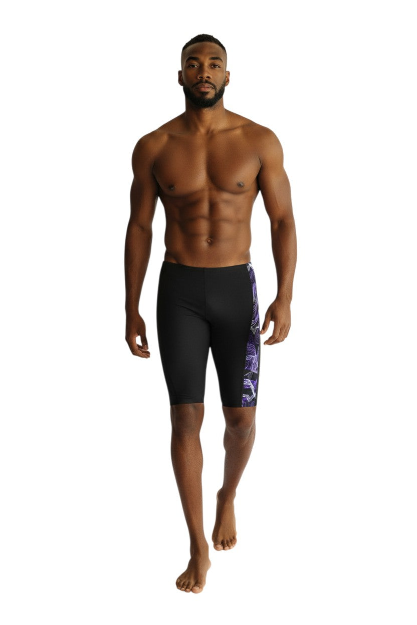 The Lifeguard Store RISE Sandies Helix Poly Jammer swimsuit in black with purple and white abstract side panel design. Polyester/Spandex blend.