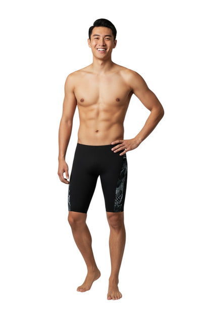 The Lifeguard Store RISE Sandies Helix Poly Jammer swimsuit in black with a white abstract helix design on the side. Made of 91% Polyester/9% Spandex.
