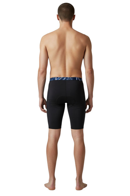 The Lifeguard Store RISE Sandies Helix Poly Jammer swimsuit in black with a blue and white abstract wave pattern waistband. Made of 91% Polyester/9% Spandex.