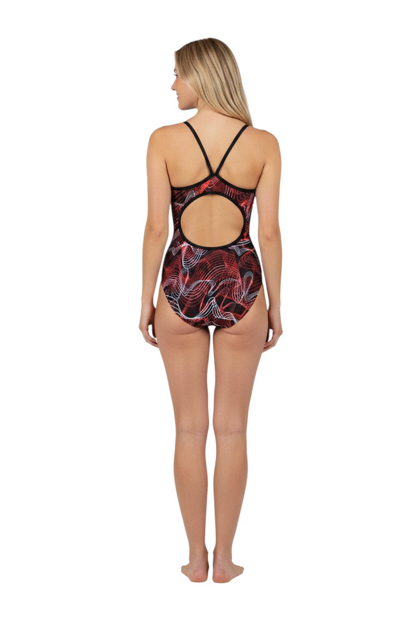 The Lifeguard Store RISE Sandies Female Helix swimsuit in black with red and white abstract wave pattern. Features H-back.