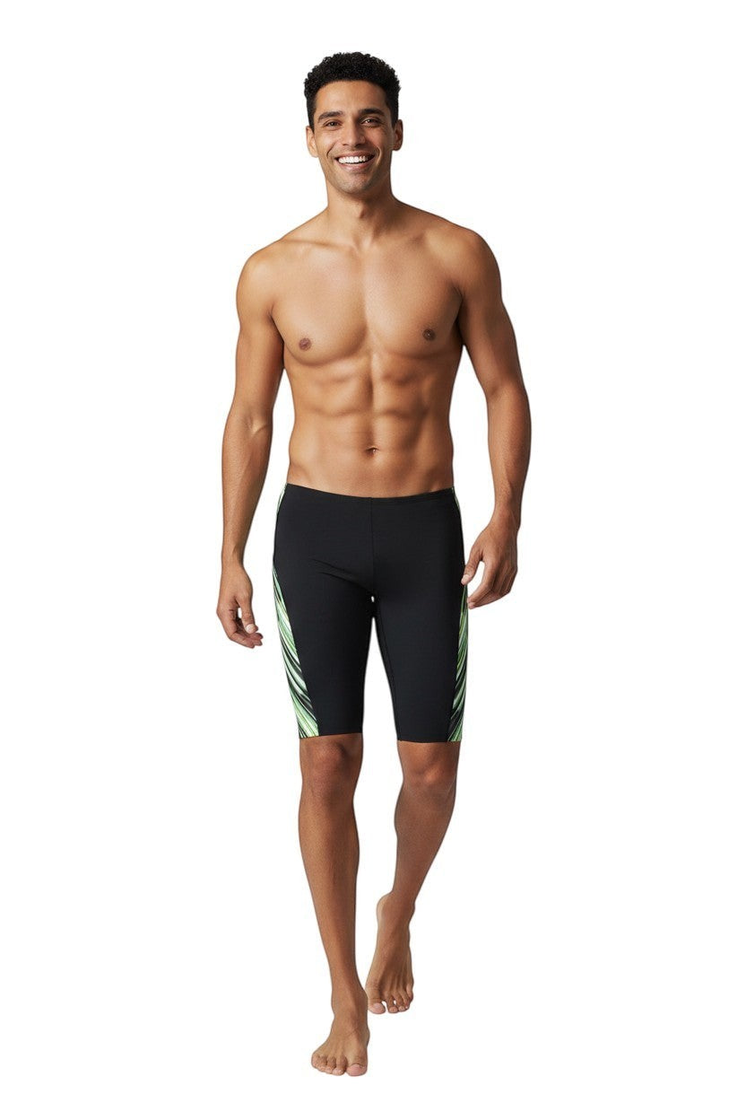 The Lifeguard Store RISE Sandies black poly jammer swimsuit with green and white diagonal stripe accents on the side.