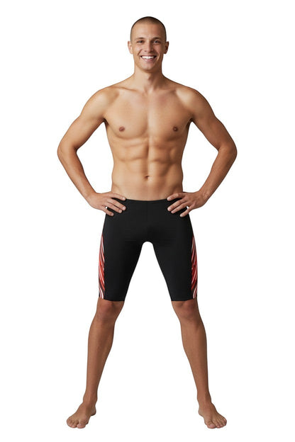 The Lifeguard Store RISE Sandies Laser Beam Poly Jammer swimsuit in black with red and white abstract side stripes. Made of polyester and spandex.
