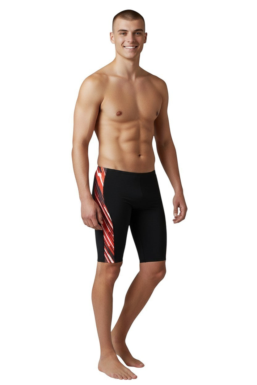The Lifeguard Store RISE Sandies Laser Beam Poly Jammer swimsuit in black with red and white abstract side stripes. Made of polyester and spandex.