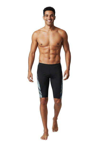 The Lifeguard Store RISE Sandies black poly-spandex jammer swimsuit with blue, yellow, and white diagonal stripe accents.