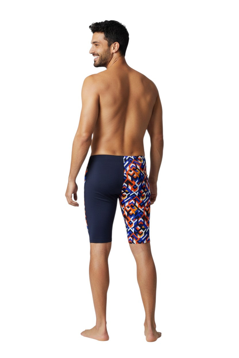 The Lifeguard Store RISE Sandies Breakout Poly Jammer swimsuit in navy with a geometric pattern on the right leg. Made of Polyester/Spandex blend.