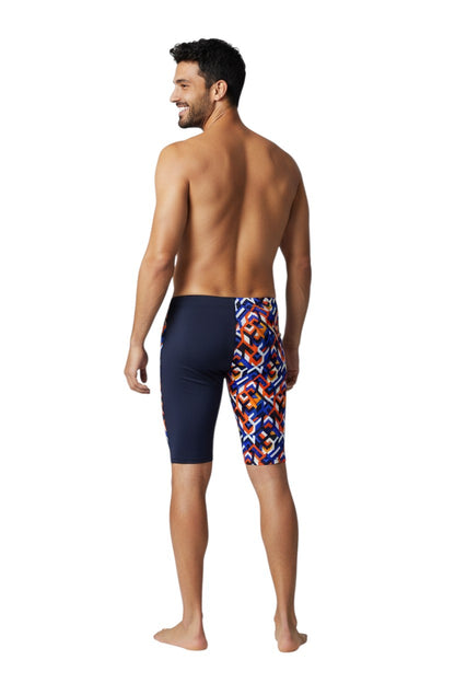 The Lifeguard Store RISE Sandies Breakout Poly Jammer swimsuit in navy with a geometric pattern on the right leg. Made of Polyester/Spandex blend.