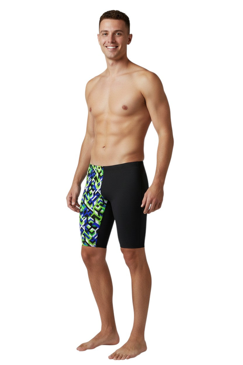 The Lifeguard Store RISE Sandies Breakout Poly Jammer swimsuit with a geometric pattern in blue, green, and white on the left leg and solid black on the right.
