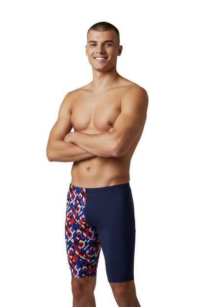 The Lifeguard Store RISE Sandies Breakout Poly Jammer swimsuit with a geometric red, white, and blue pattern on the left leg and navy blue on the right.