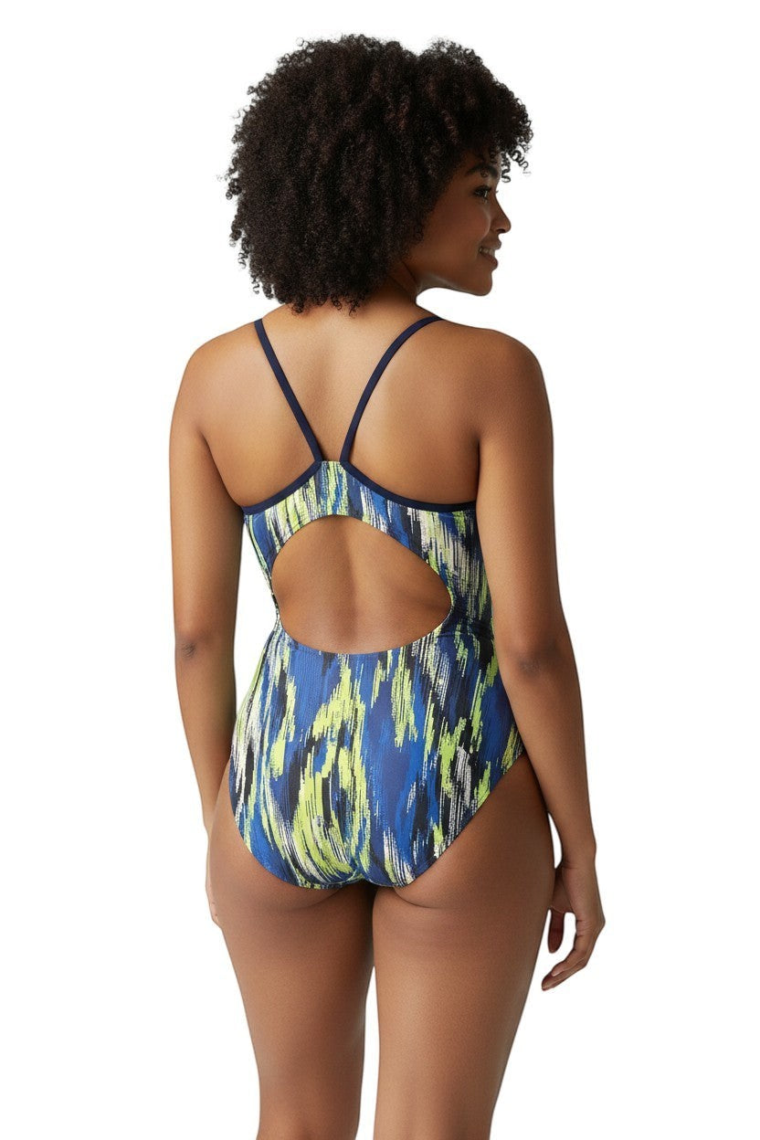 The Lifeguard Store RISE Sandies female shockwave poly swimsuit in blue, yellow, and black abstract print with navy blue accents and a cutout back.