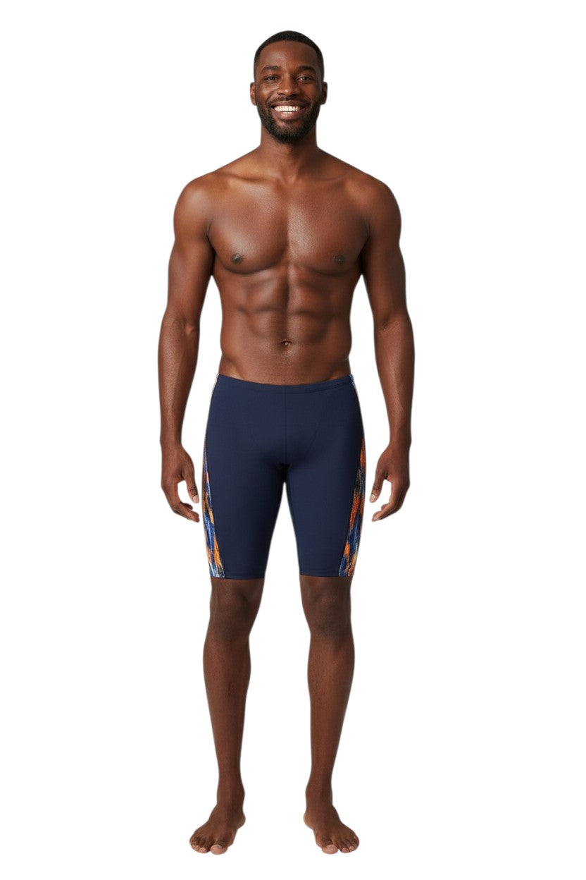 The Lifeguard Store RISE Sandies Shockwave Poly Jammer swimsuit in navy with orange, blue, and black abstract side panel. Made of polyester and spandex.