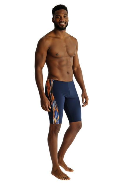 The Lifeguard Store RISE Sandies Shockwave Poly Jammer swimsuit in navy with abstract orange, blue, and black side panel detail.