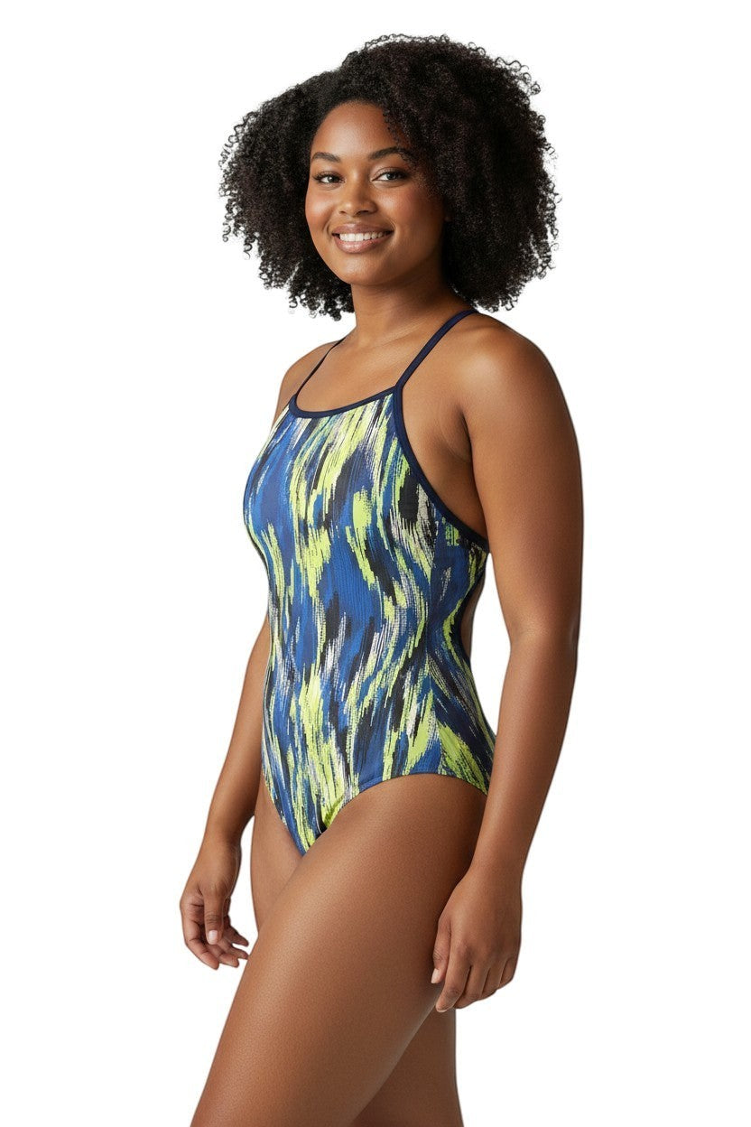 The Lifeguard Store RISE Sandies female shockwave poly swimsuit with blue, yellow, and black abstract print. Thin straps.