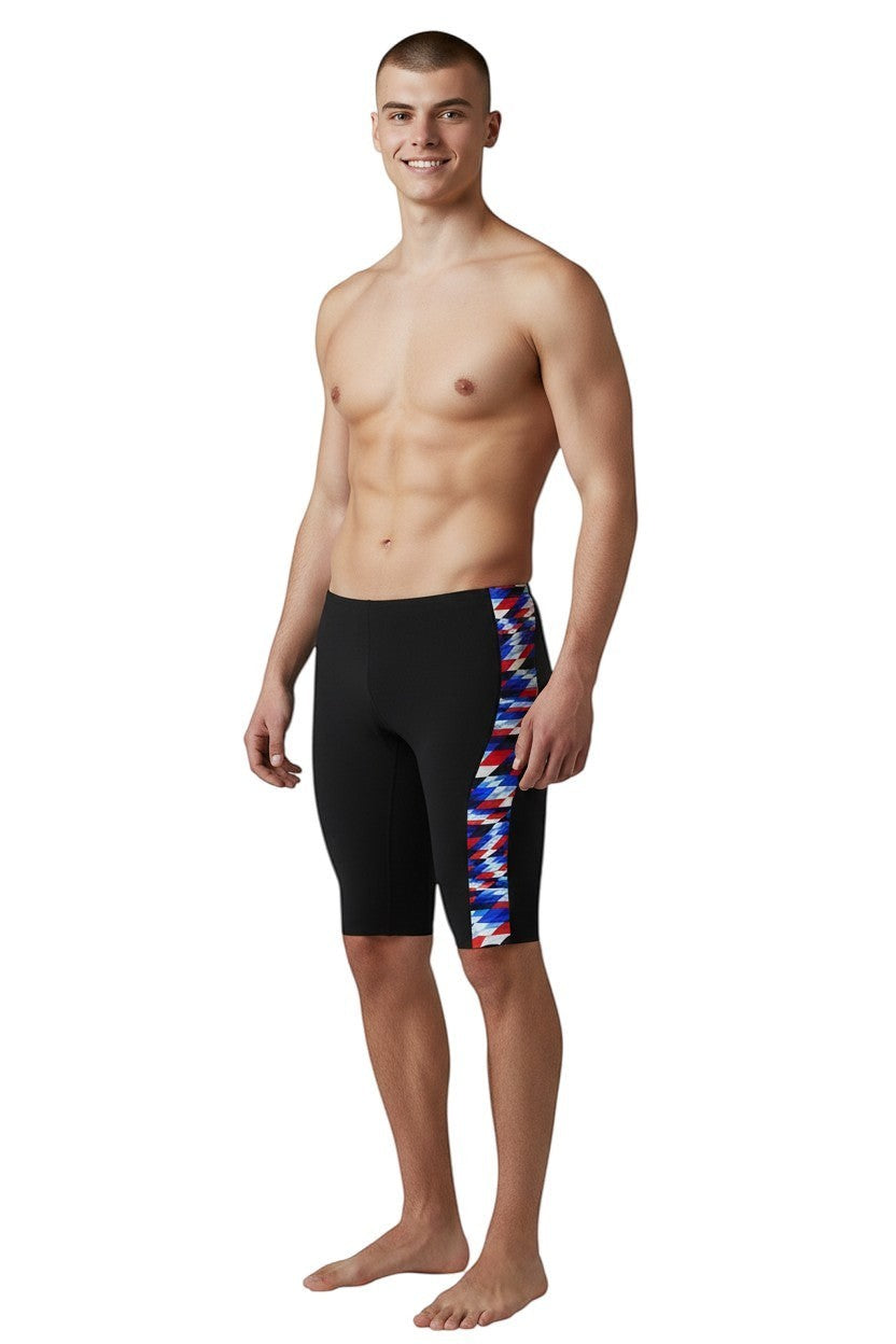 The Lifeguard Store RISE Sandies Swerve Poly Jammer swimsuit in black with a geometric red, white, and blue side panel.