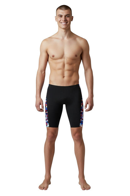 The Lifeguard Store RISE Sandies Swerve Poly Jammer swimsuit in black with a red, white, and blue geometric side panel. Made of 91% Polyester/9% Spandex.