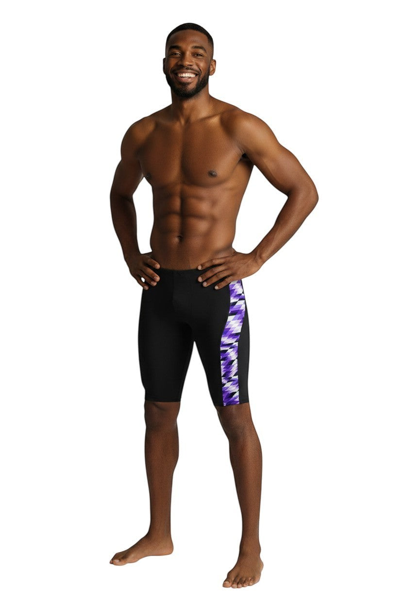 The Lifeguard Store RISE Sandies Swerve Poly Jammer swimsuit in black with purple, white, and black geometric side panel.