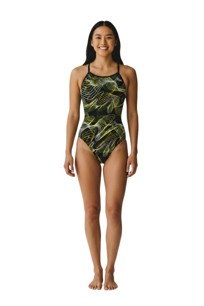 The Lifeguard Store RISE Sandies female swimsuit with black, yellow, and white abstract wavy lines pattern. Polyester/Spandex blend.