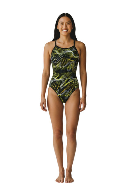 The Lifeguard Store RISE Sandies female swimsuit with black, yellow, and white abstract wavy lines pattern. Polyester/Spandex blend.