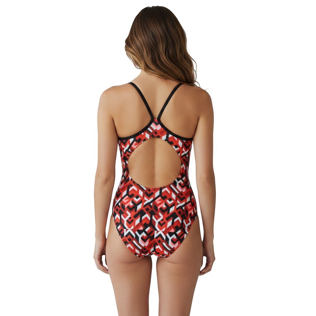 The Lifeguard Store RISE Sandies female breakout swimsuit with red, black, and white geometric pattern. Features H-back.