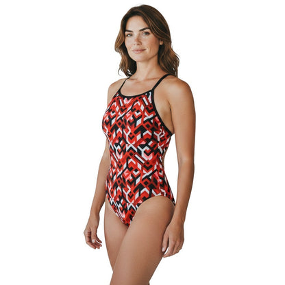 The Lifeguard Store RISE Sandies female breakout swimsuit in red, black, and white geometric pattern. Polyester/Spandex blend.