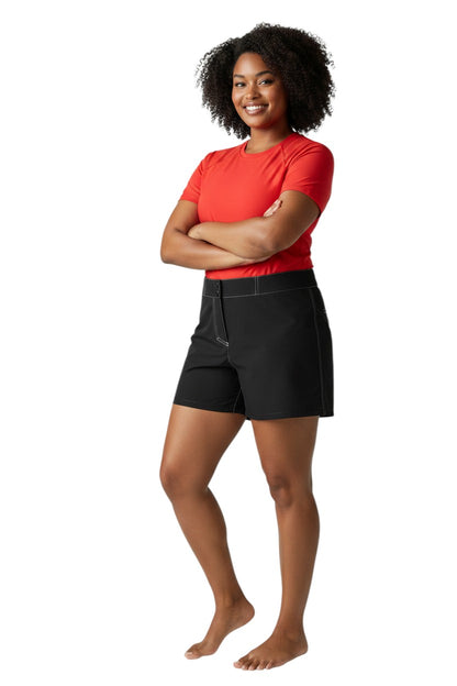 The Lifeguard Store RISE Solid Female Flex Short, black polyester-spandex blend with 5" inseam and storage pocket.
