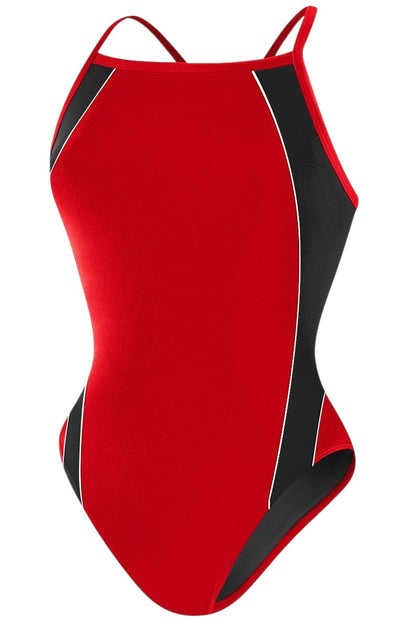 The Lifeguard Store RISE Solid H-Back Poly Splice One Piece Swimwear in red and black with white trim. Made of polyester and spandex.
