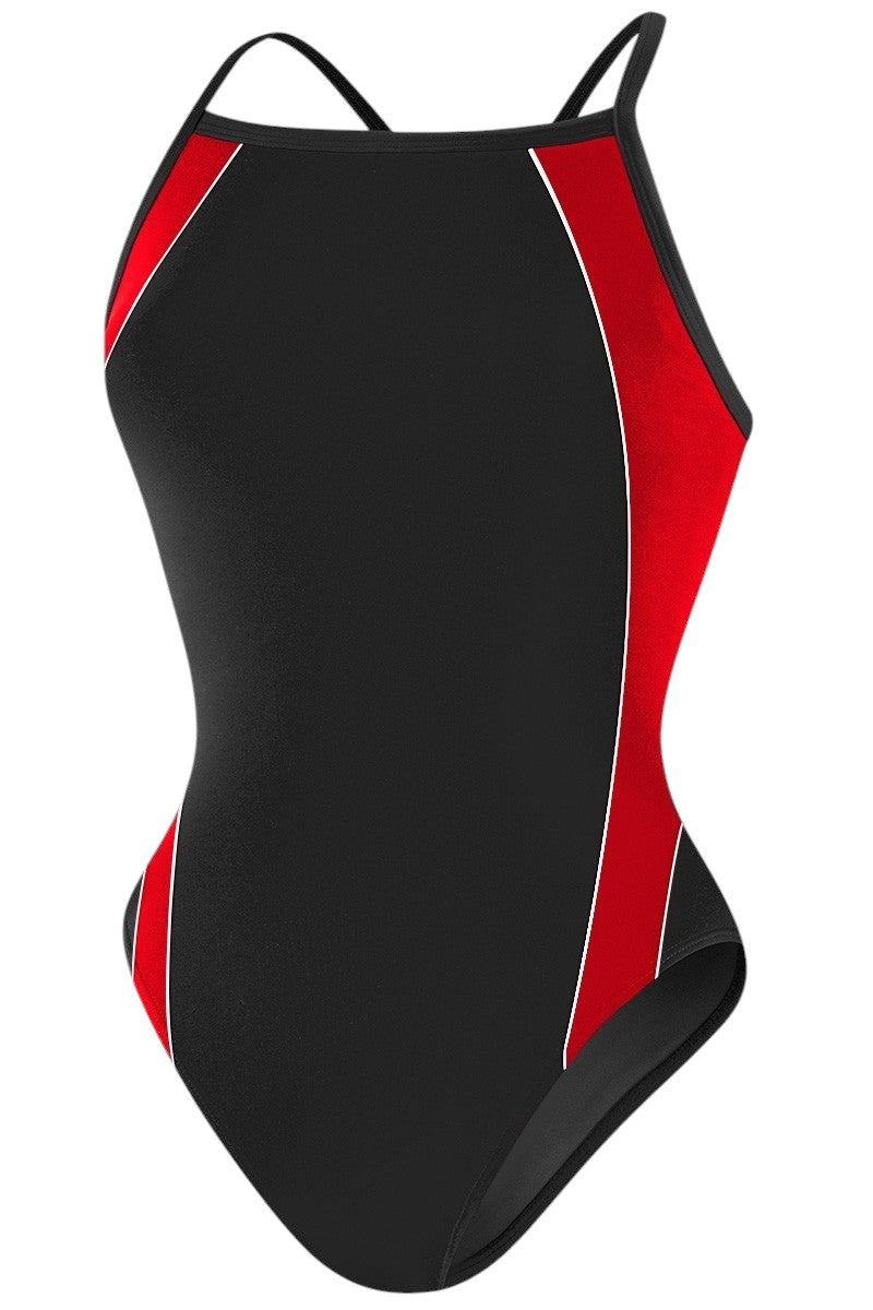The Lifeguard Store RISE Solid H-Back Poly Splice One Piece Swimwear in black with red side panels and white trim.