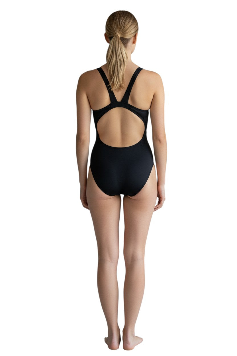 The Lifeguard Store RISE Solid MB Back w/Shelf Bra black one-piece swimsuit with built-in shelf bra and racerback straps.