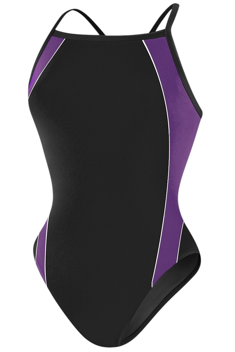 The Lifeguard Store RISE Solid H-Back Poly Splice One Piece Swimwear in black with purple side panels and white trim. Polyester/Spandex.