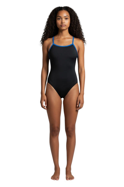 The Lifeguard Store RISE Solid Poly Color Trim H-Back one-piece swimsuit in black with blue trim. Polyester/Spandex blend.