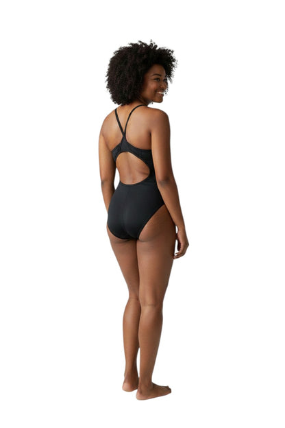 The Lifeguard Store RISE Staff Poly H-Back black one-piece swimsuit with H-back straps and white accents. Made of 91% polyester/9% spandex.