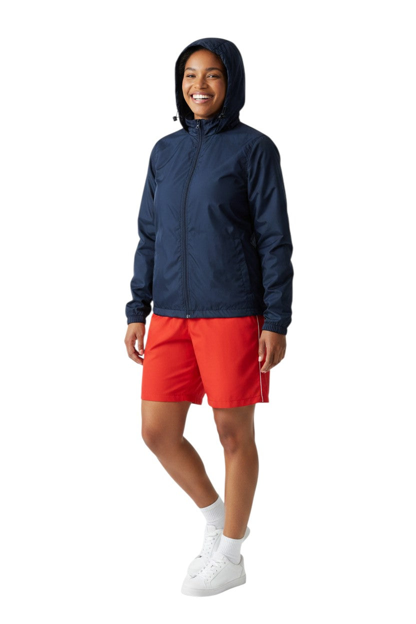 The Lifeguard Store RISE Solid Waterproof Jacket in navy blue, made of polyurethane with a full zip and adjustable hood.