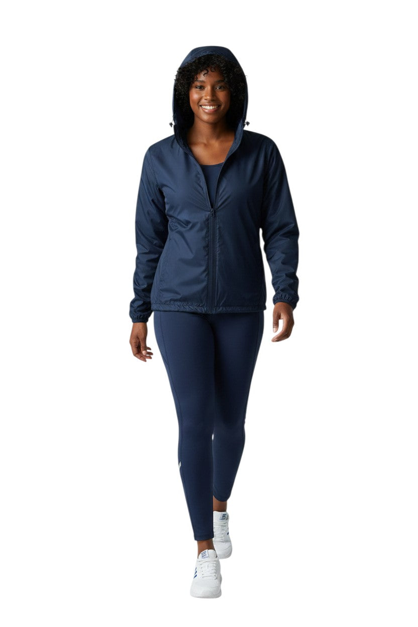 The Lifeguard Store RISE Solid Waterproof Jacket in navy blue, made of polyurethane with a full zip and adjustable hood.