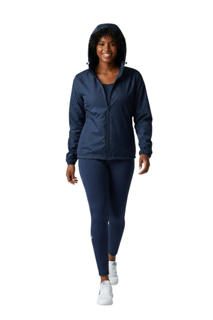 The Lifeguard Store RISE Solid Waterproof Jacket in navy blue, made of polyurethane with a full zip and adjustable hood.