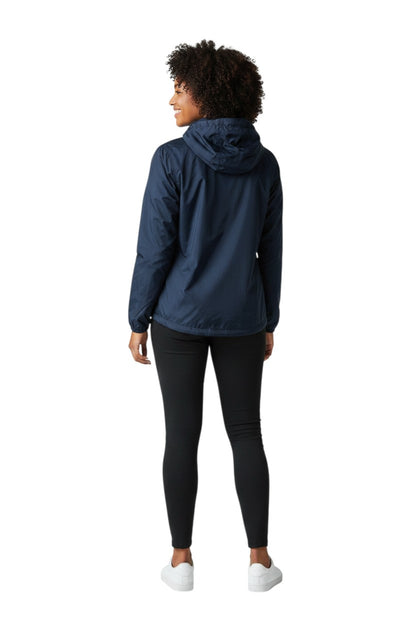 The Lifeguard Store RISE Solid Waterproof Jacket in navy blue, made of polyurethane with a full zip and adjustable hood.