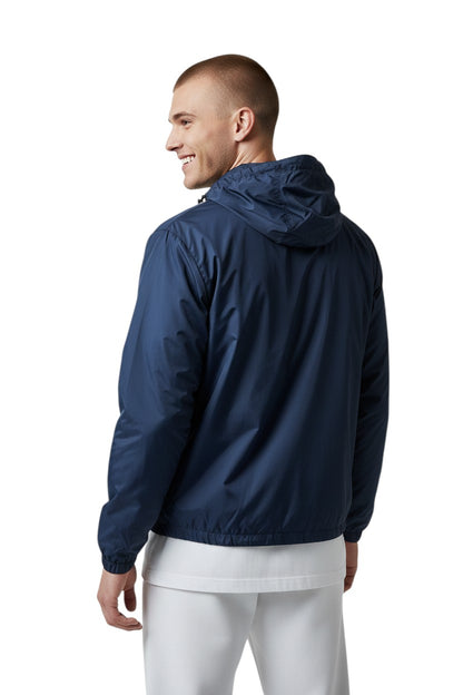 The Lifeguard Store RISE Solid Waterproof Jacket in navy blue, made of polyurethane with a full zip and adjustable hood.