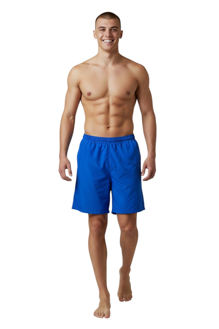 The Lifeguard Store royal blue polyester board shorts with liner, elastic waistband, and cargo pocket. UPF30+.