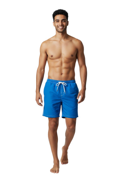 The Lifeguard Store Solid Male Flex Short in royal blue polyester with white contrast stitching, drawstring waist, and side pocket.